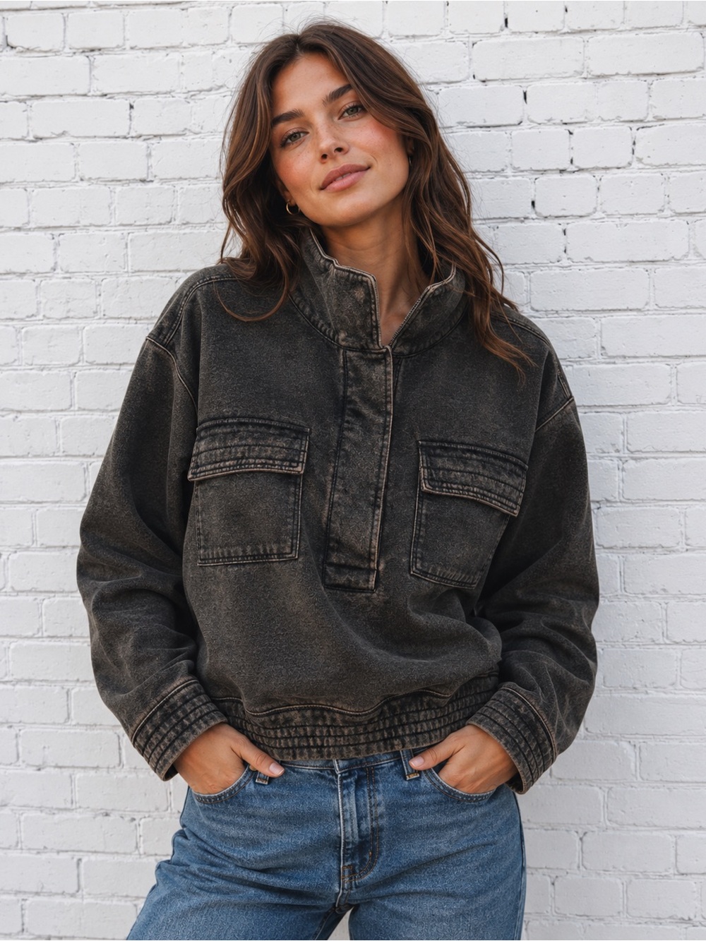 NEW Zenana Outfitters Washed Charcoal Pullover with Snap Collar